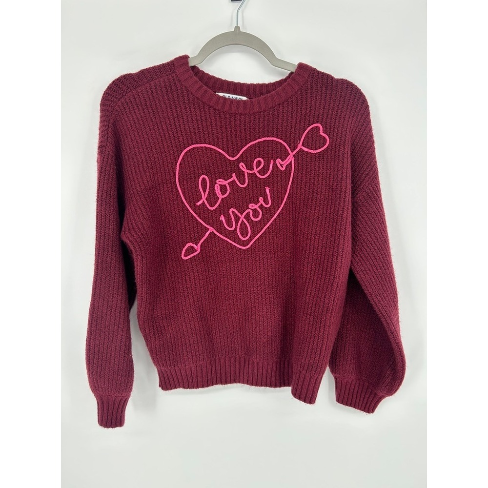 Old Navy Girls L 10-12 Burgundy Pink Love You Heart Sweater Coquette Preppy